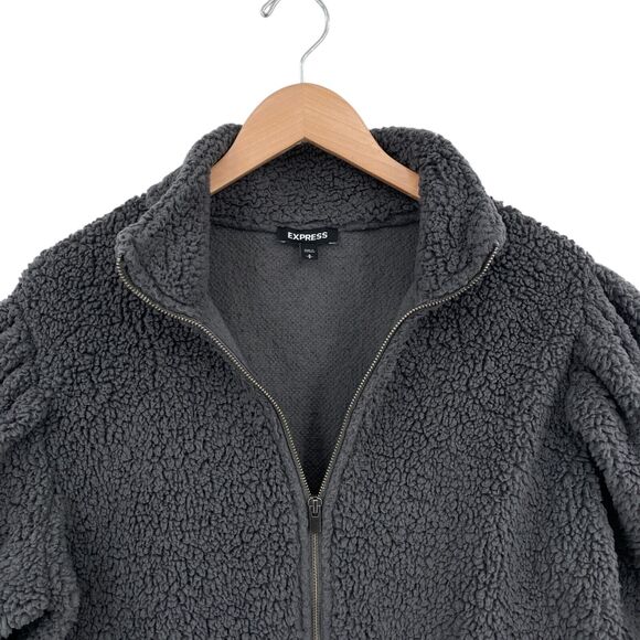 Express Jacket Womens Small Gray Sherpa Faux Long Sleeve Mock Neck Full Zip - Picture 3 of 14